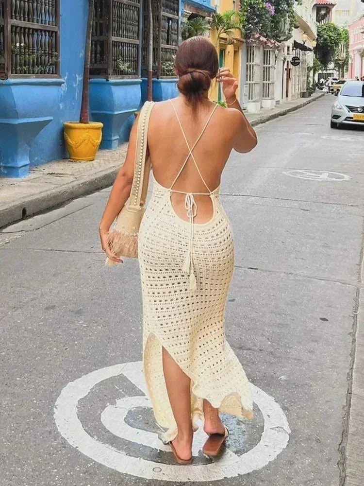 Sexy Knit Cut Out Tassel Spaghetti Strap Bodycon Beach Maxi Dress Summer Women's Holiday Club Party Outfit Swimsuit Cover Up K10